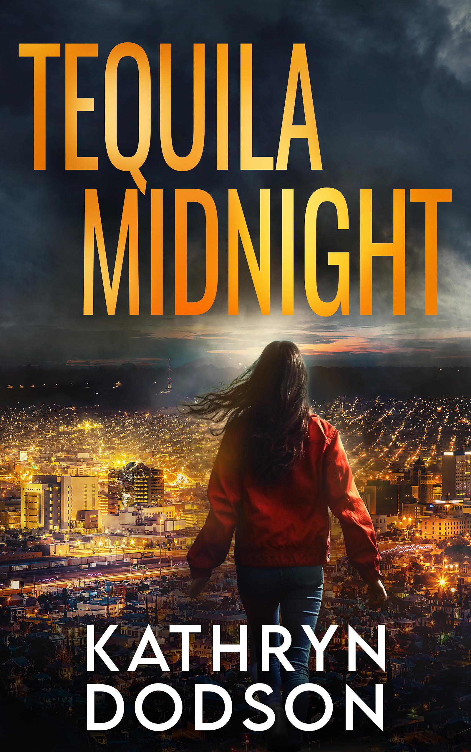 book cover with the back of a woman in a red jacket facing a city at night