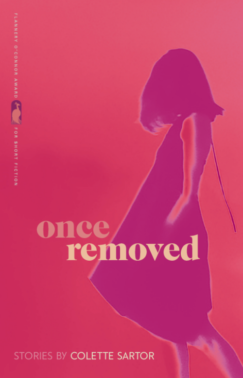 Book cover for Once Removed by Colette Sartor. Drawing of a girl looking away from the viewer on a magenta background. 