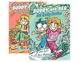 Overlapping covers of first two BUDDY AND BEA books showing Buddy and Bea running and sorting books.