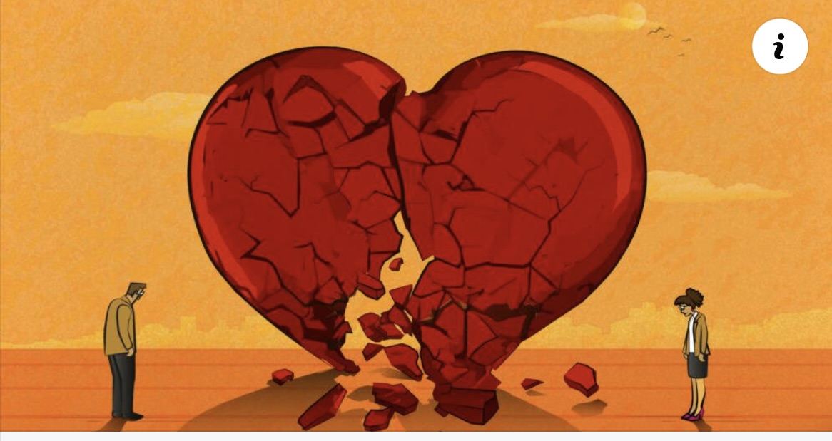 illustration of a giant crumbling heart with two people looking at it