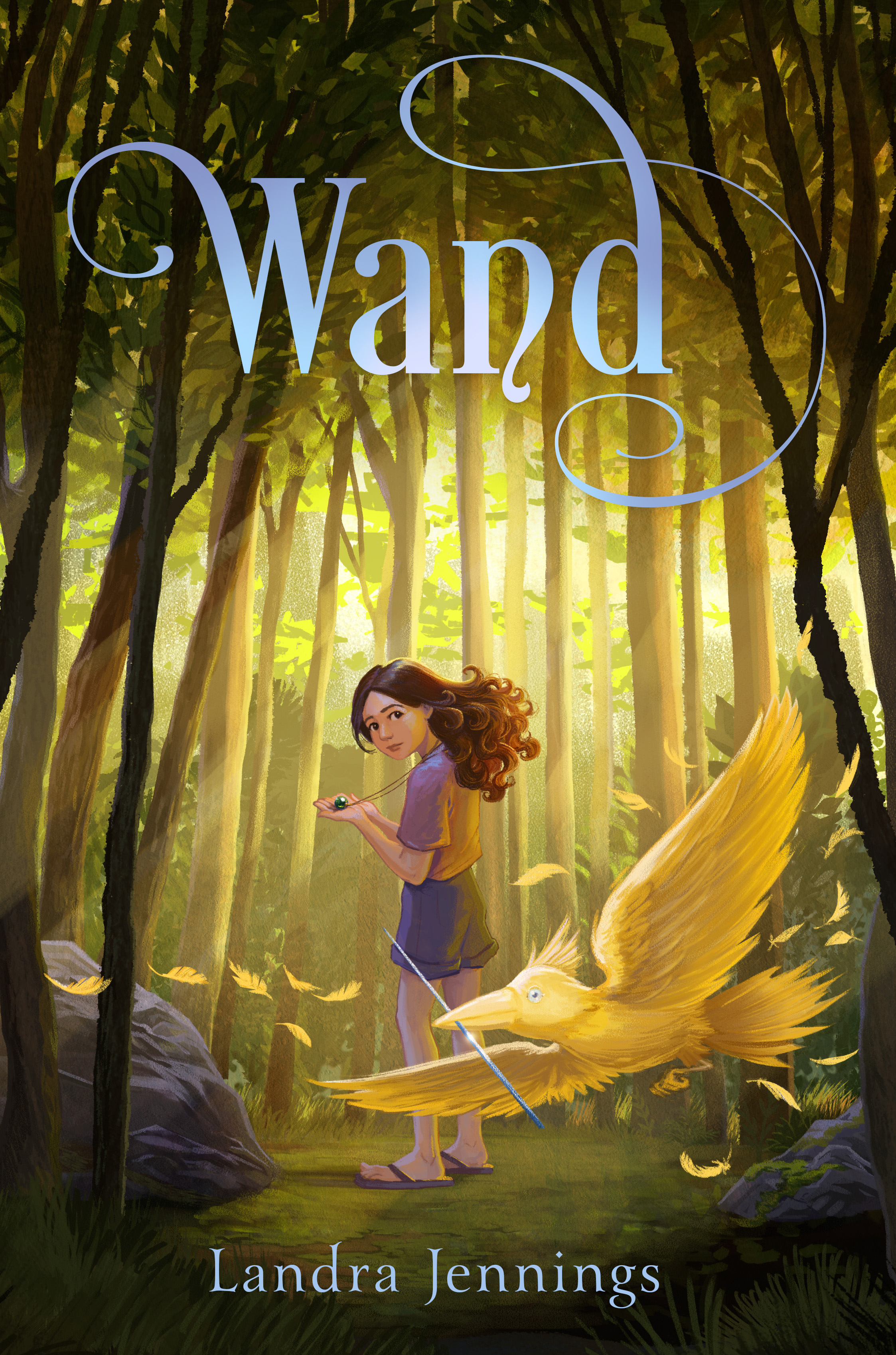 Girl looks back from the edge of the woods to where a golden bird flies carrying a silver wand