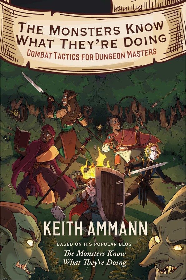 Around a campfire at night, five adventurers are ambushed by goblins hiding in the forest.