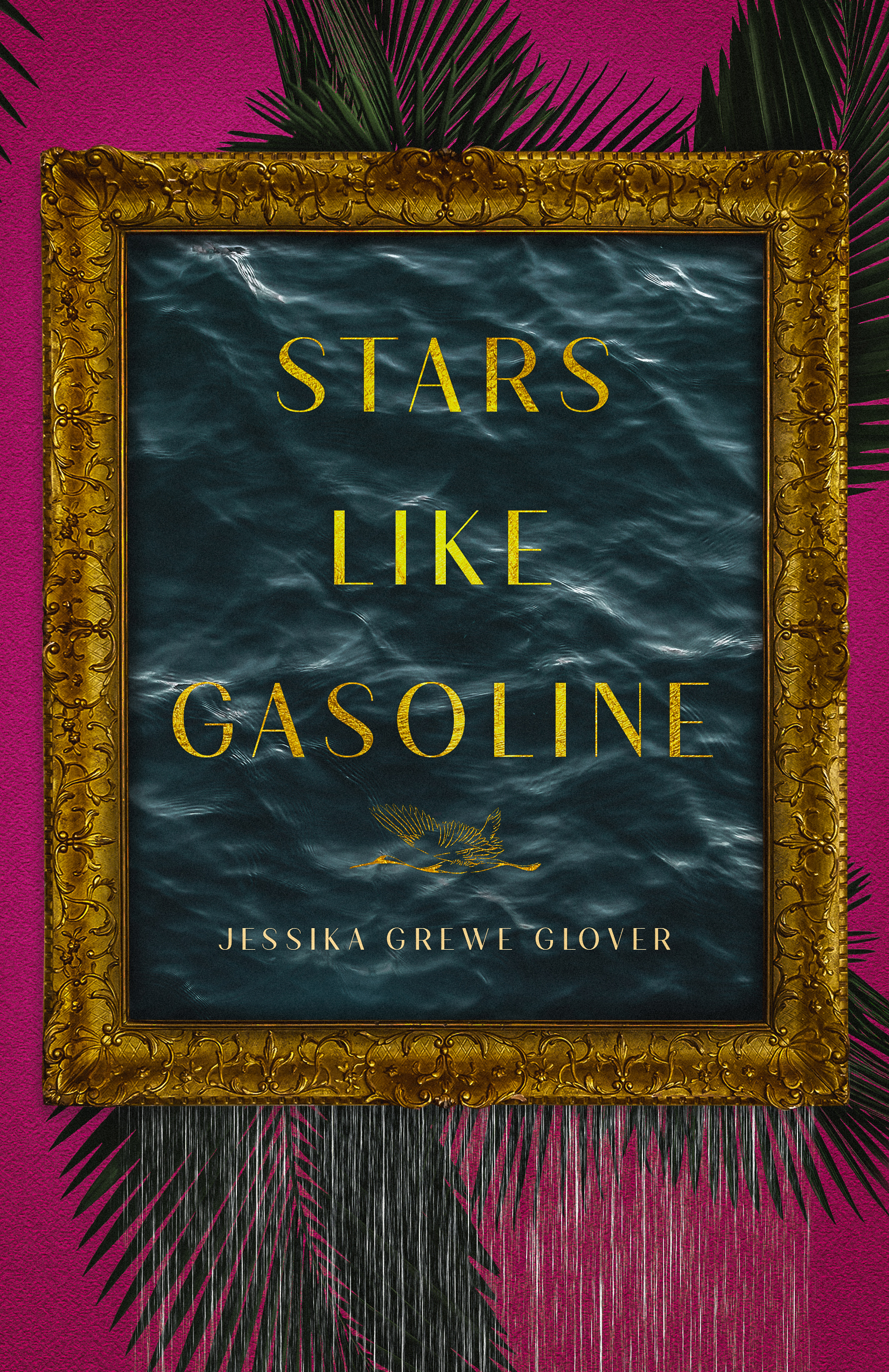 A book cover with a textured pink background and dark palm fronds in corners, a gold museum style picture frame is in middle depicting a dark sea which seems to be spilling from bottom of frame. The title, Stars Like Gasoline is written in the middle 