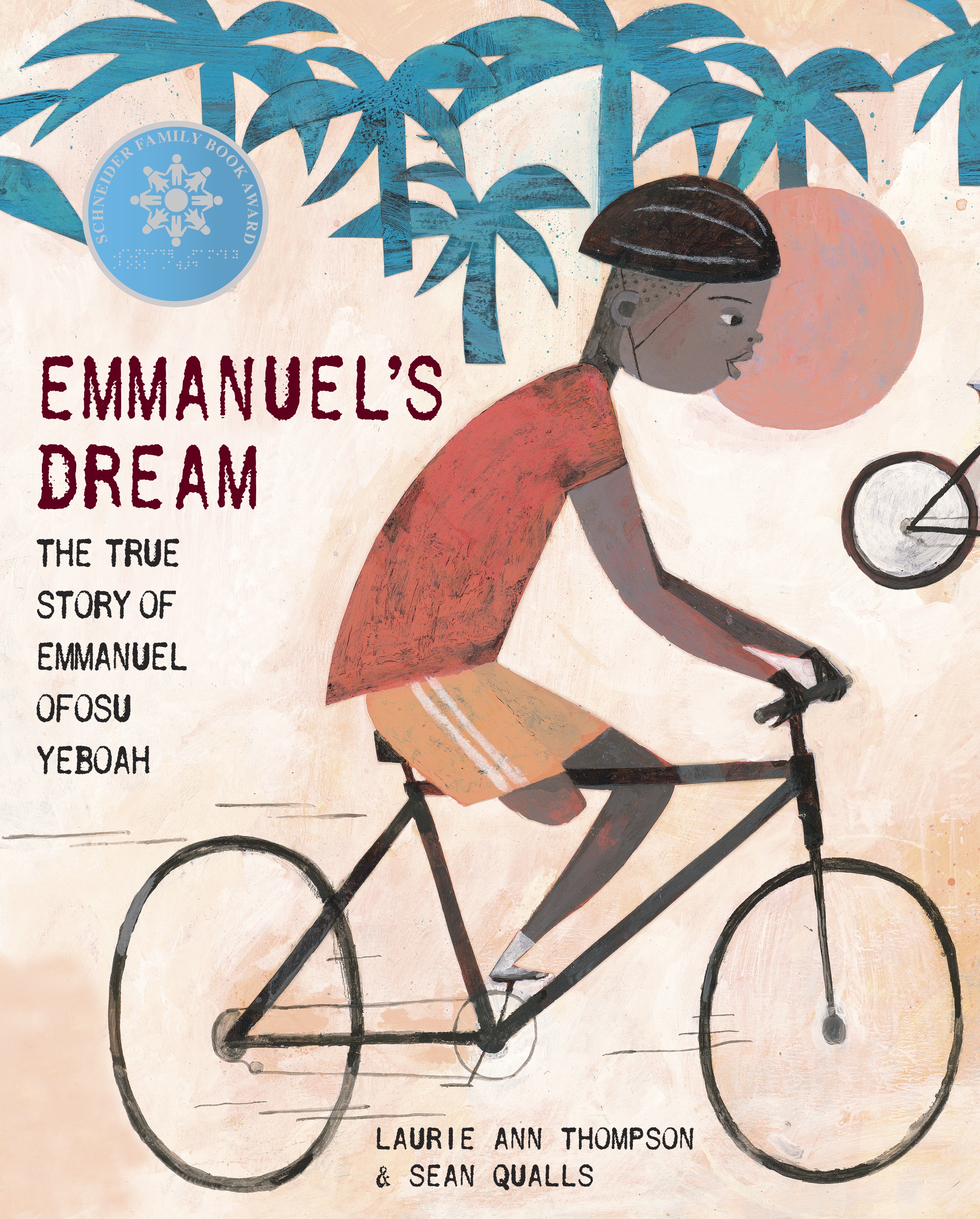 illustrated book cover showing a Black man with one leg on a bicycle and palm trees in background