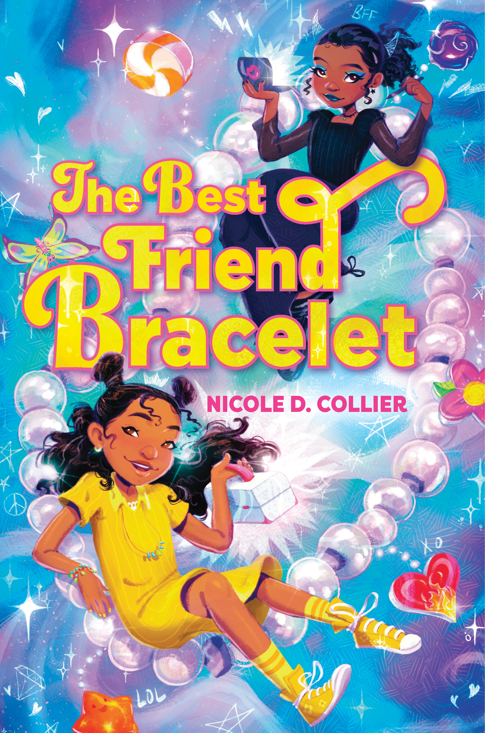 Colorful cover featuring two young Black girls - one wearing all yellow and one wearing all black. The background highlights a sparkly friendship bracelet.