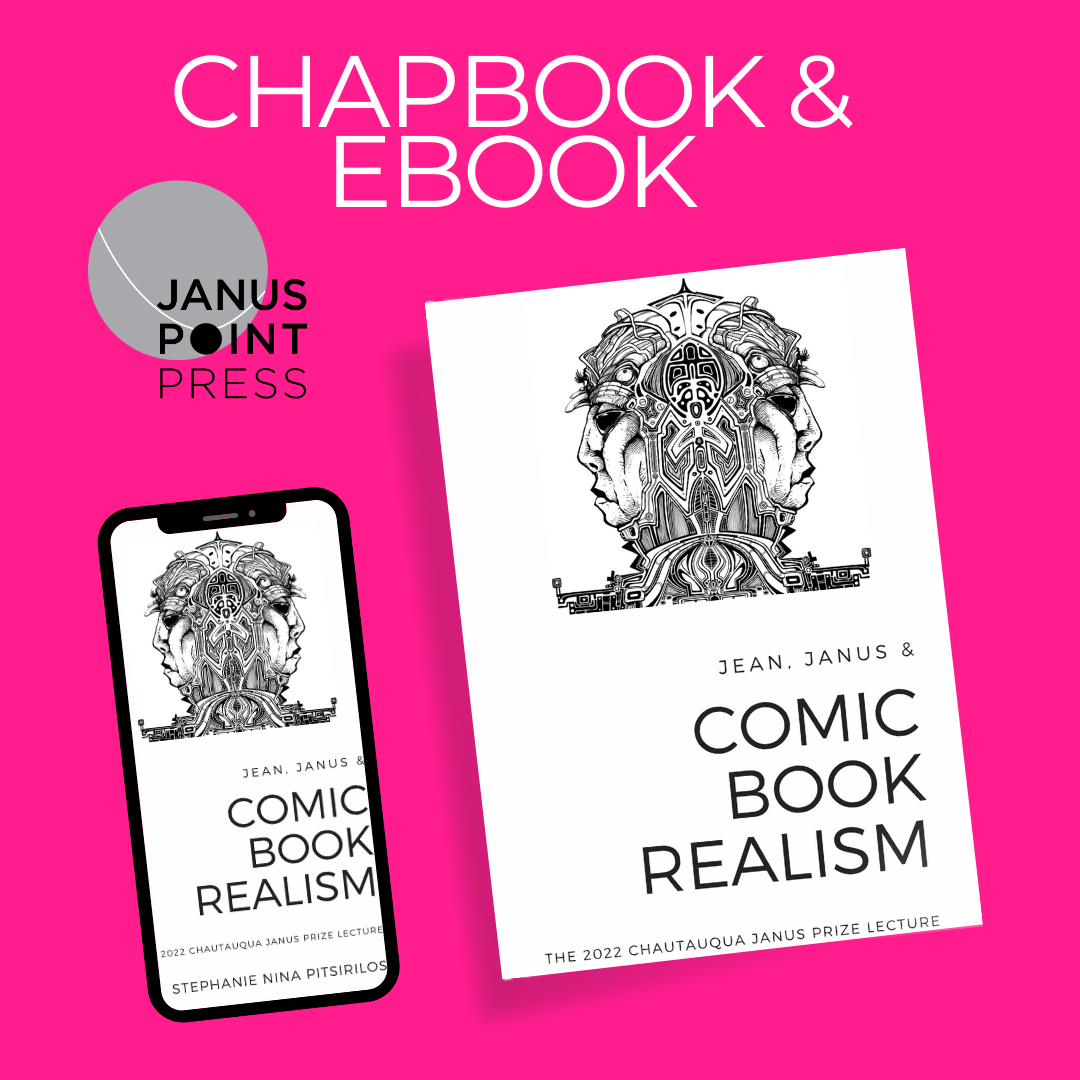A chapbook and ebook with white covers with the Janus god heads, shown on a hot pink backdrop. "Jean, Janus & Comic Book Realism"
