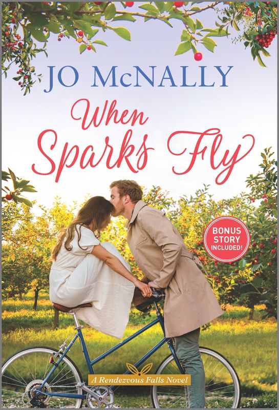 Book Cover - When Sparks Fly (heroine on bicycle being kissed by hero in an orchard)