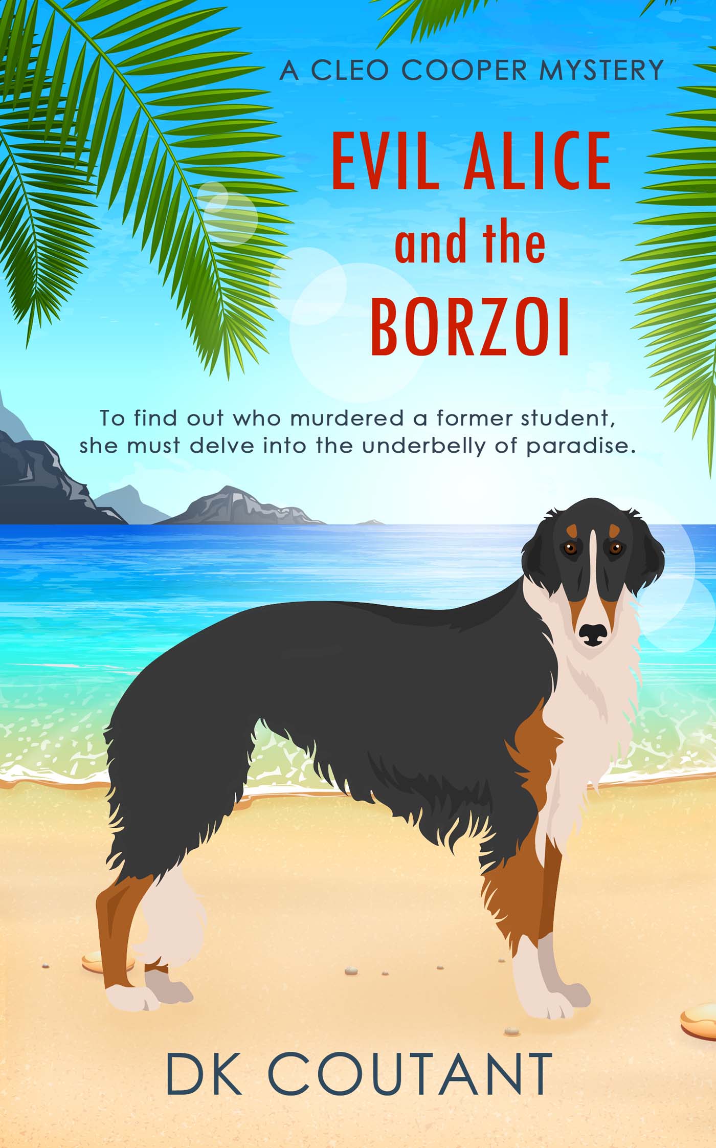 Borzoi dog standing on a Hawaiian beach, staring at the reader