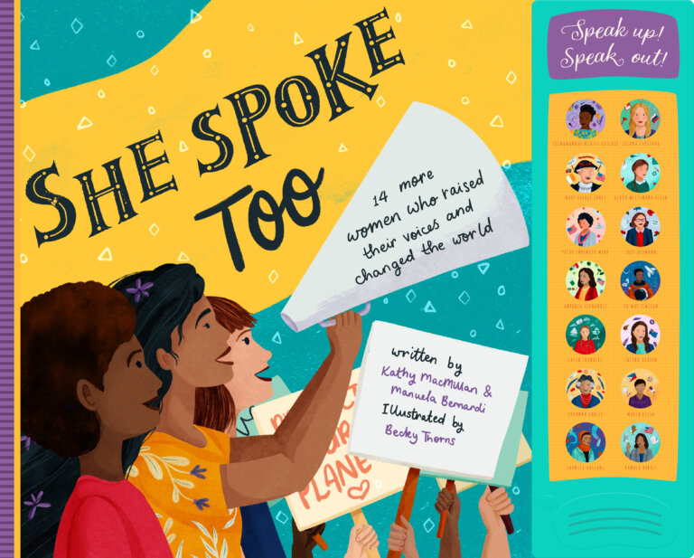 Cover image of SHE SPOKE TOO. Shows three women in profile. One is speaking into a megaphone.