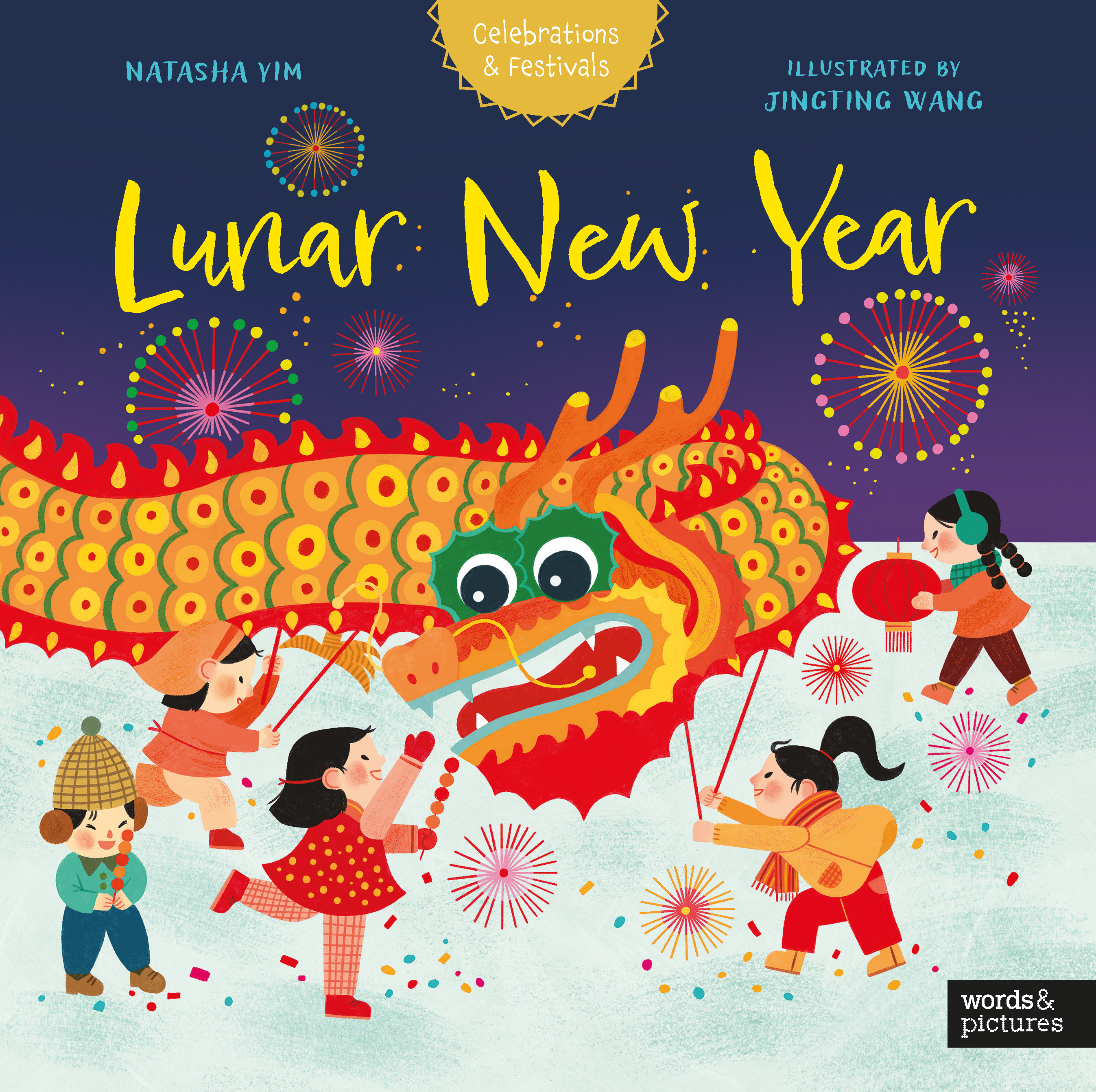 Illustrated cover with a gold and red dragon in a Lunar New Year parade, several children celebrating, and fireworks in the sky