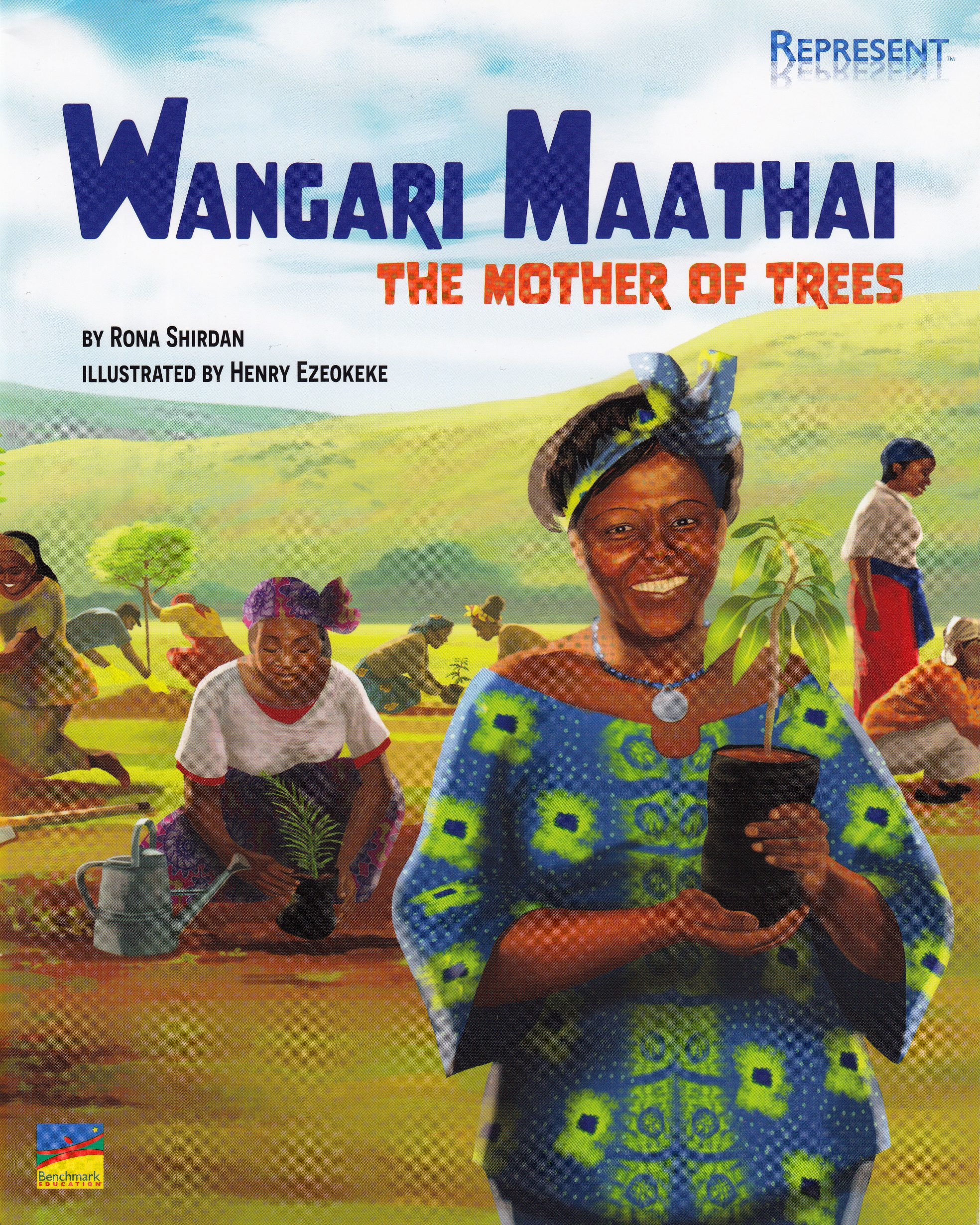 alt=woman holding a plant with village women planting trees in the background