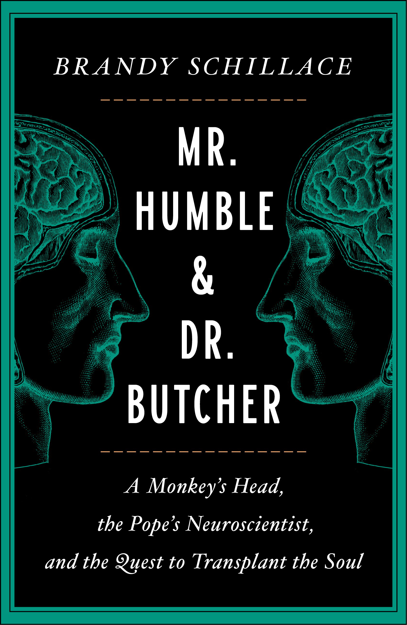 A black book cover with the light-green tracing of the human head and brain mirrored on both sides. The title appears centered between.