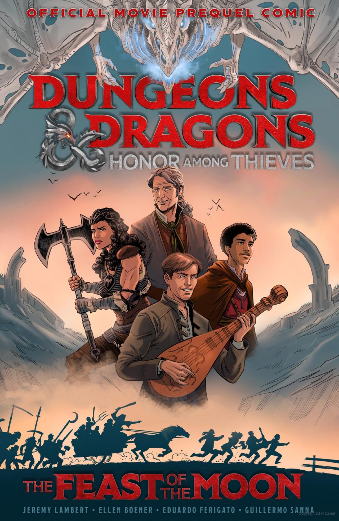 A picture of the comic book cover with the title text. Center is a tableau of 4 main characters (Edgin, Holga, Forge, and Simon). A dracolich looms overhead. Under the tableau, we see a silhouette of the heroes fleeing an angry mob.