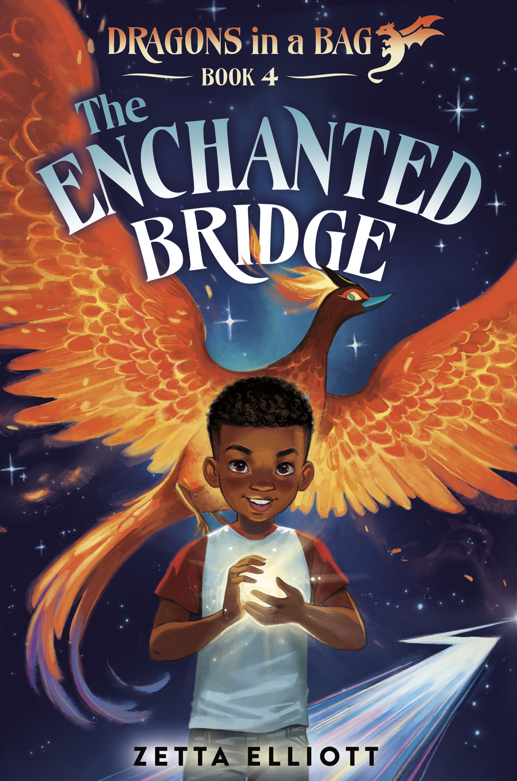 a Black boy holds a ball of power in his hands as a phoenix flies above
