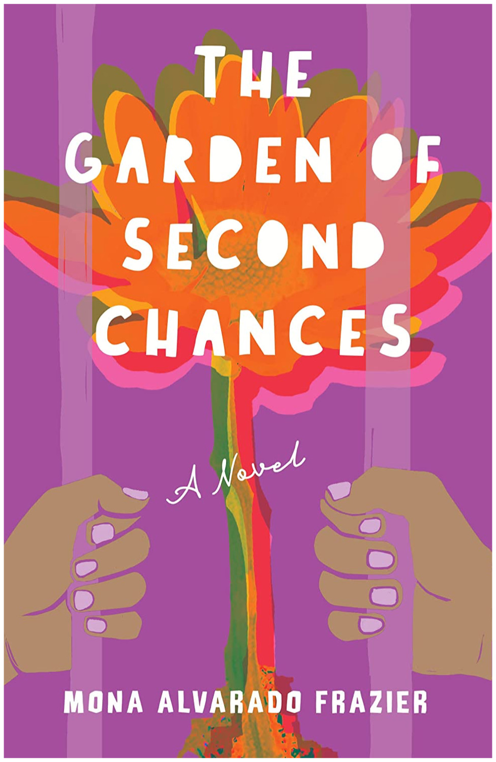 purple book cover with an orange and yellow daisy in background, two hands on prison bars in foreground