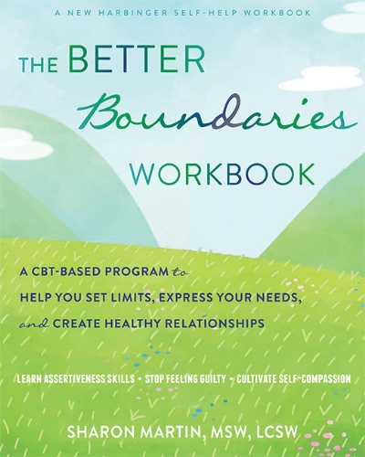 Book cover of The Better Boundaries Workbook. Image of blue sky, white clouds, and green hills. Text reads 