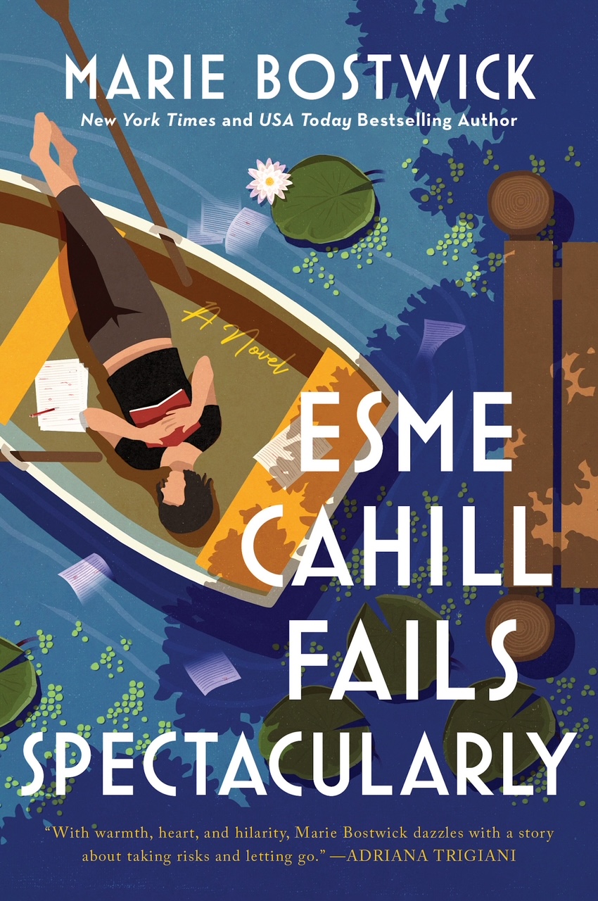 Cover of ESME CAHILL Fails Spectacularly, blue background, woman reclining in a boat with a red book held to her chest, as if sleeping, and papers falling into the pond