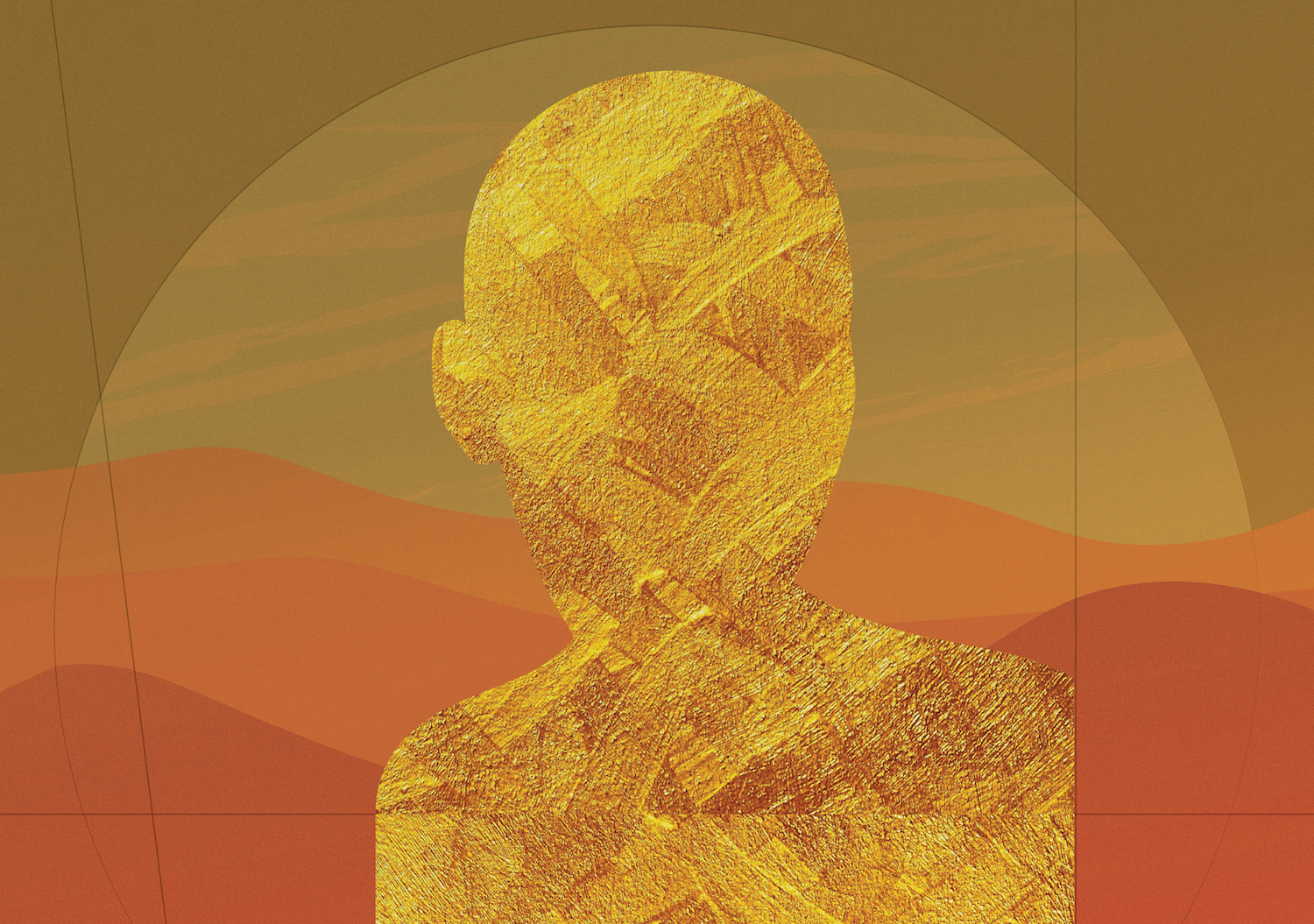 Abstract gold silhouette of a woman in a desolate landscape
