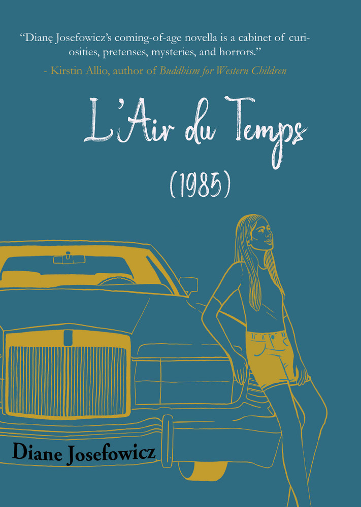 Cover illustration for L'Air du Temps 1985 by Diane Josefowicz; a teen girl leans on a large car, illustration is yellow line drawing on a blue ground