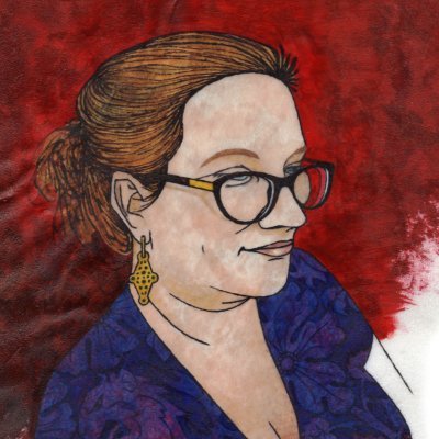 A white woman with brown hair and glasses on a red background