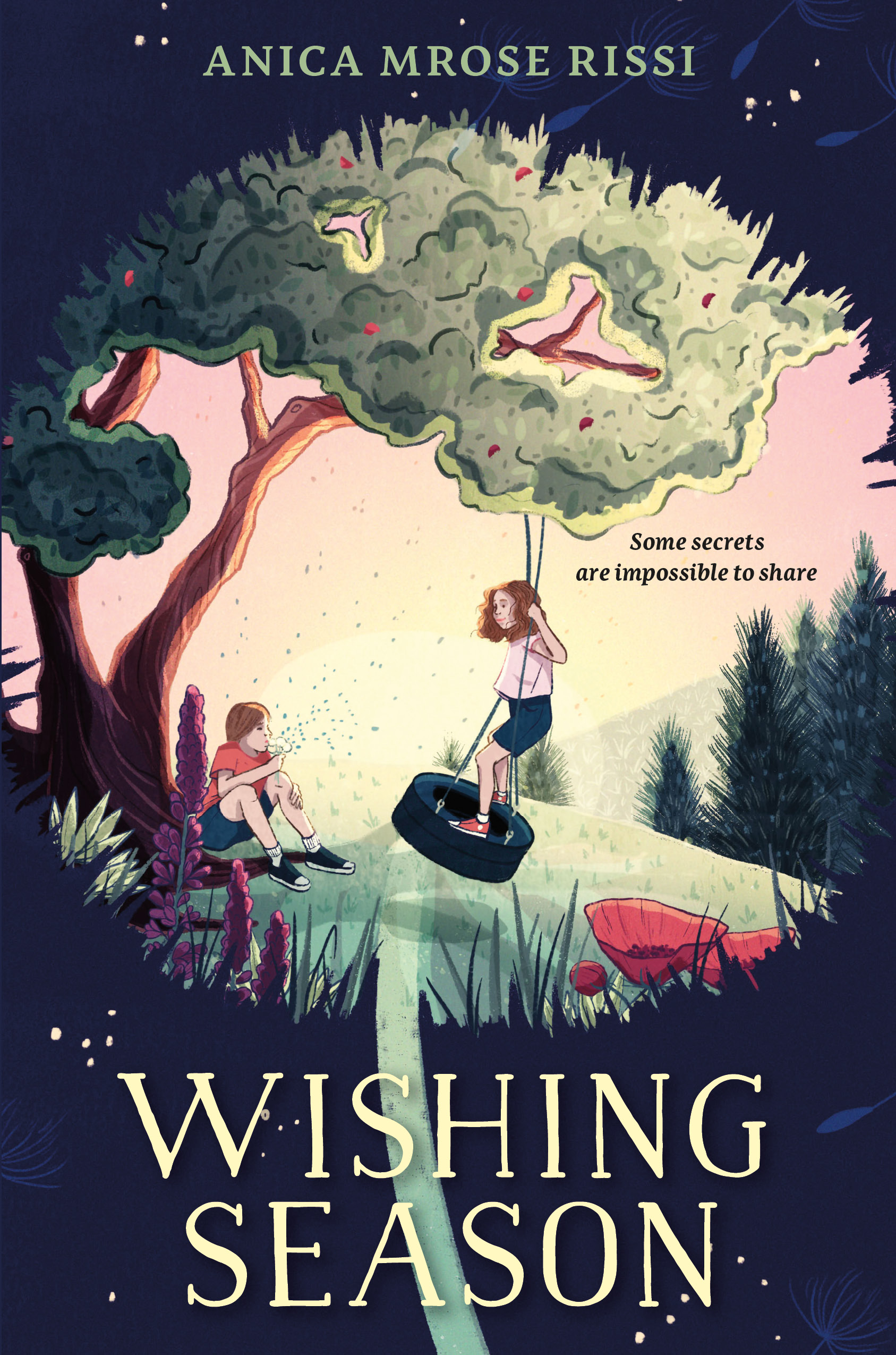 Illustrated cover of the middle grade novel Wishing Season by Anica Mrose Rissi (illustration by Kailey Whitman), showing a girl on a tire swing and a boy seated nearby blowing dandelion seeds, both within a silhouetted puffy dandelion shape