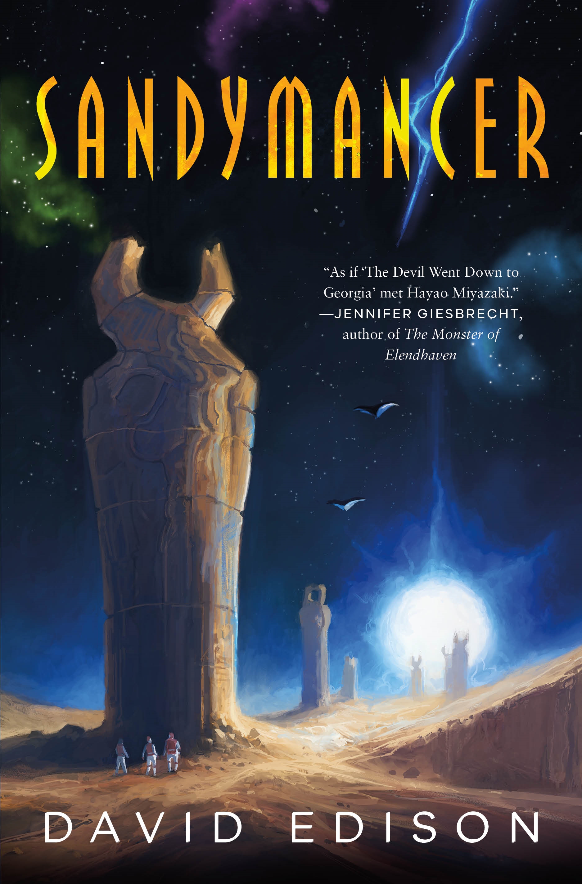 The cover of SANDYMANCER, with a sun on the horizon and small figures examining a towering stone pillar.  There is a crack in the sky.