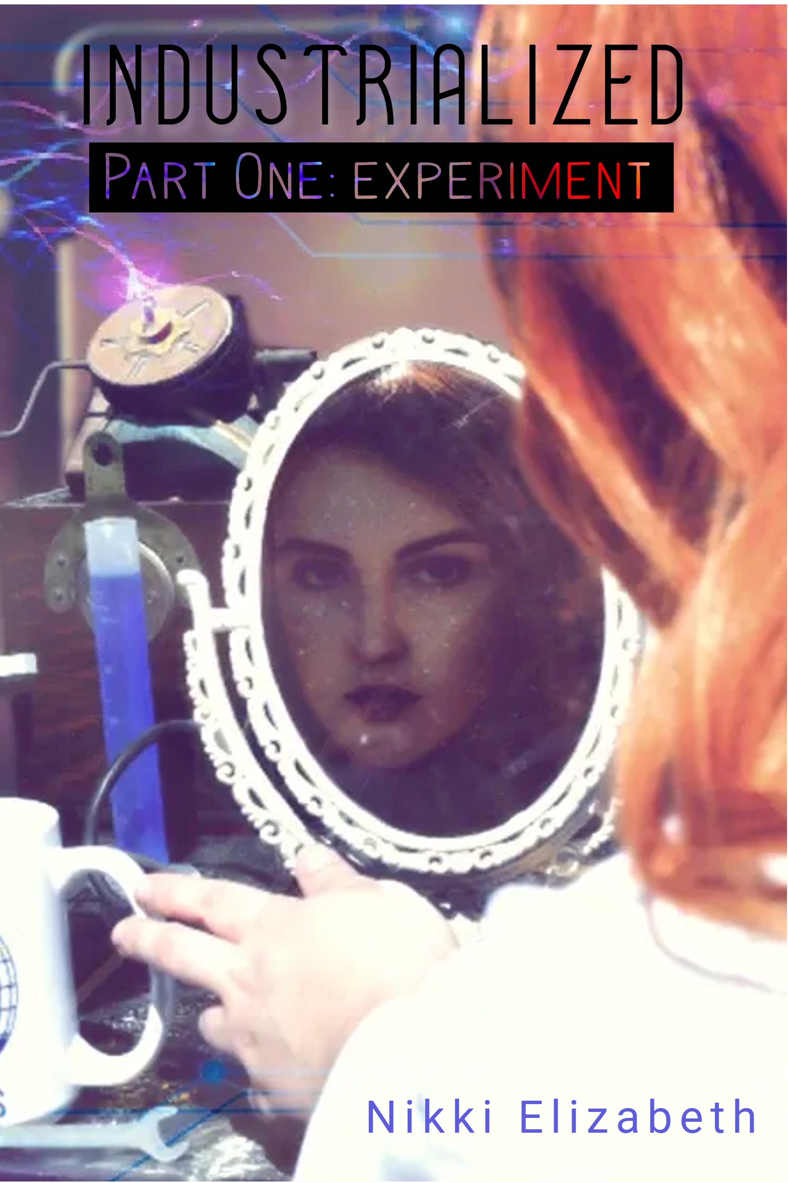 Red-haired woman looking in a mirror surrounded by laboratory tools