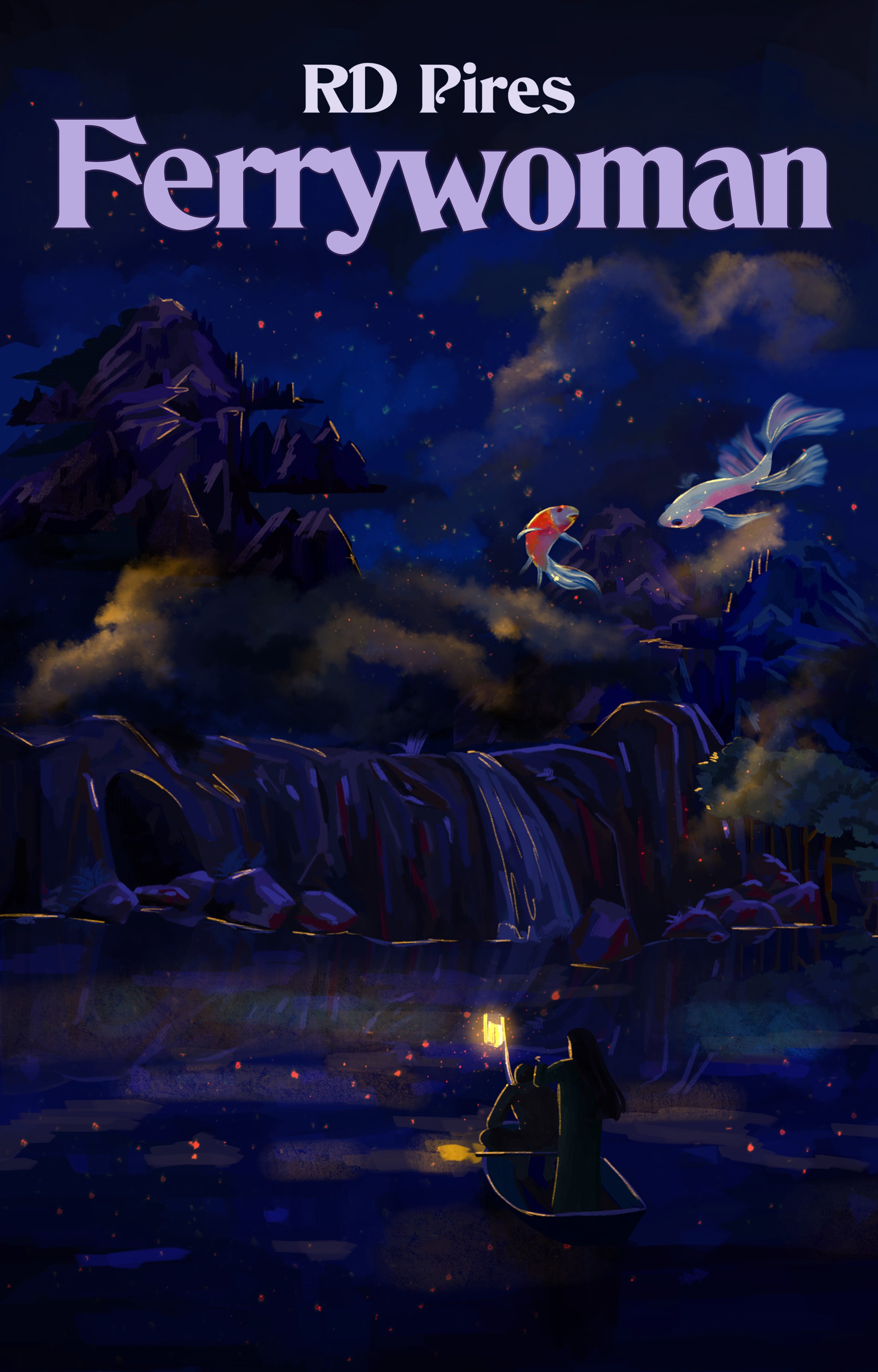 A small boat sails on a dark sea with two obscured sailors aboard and a glowing, orange lantern. They are sailing toward a dark cliffside with two visible giant koi fish flying in the air.