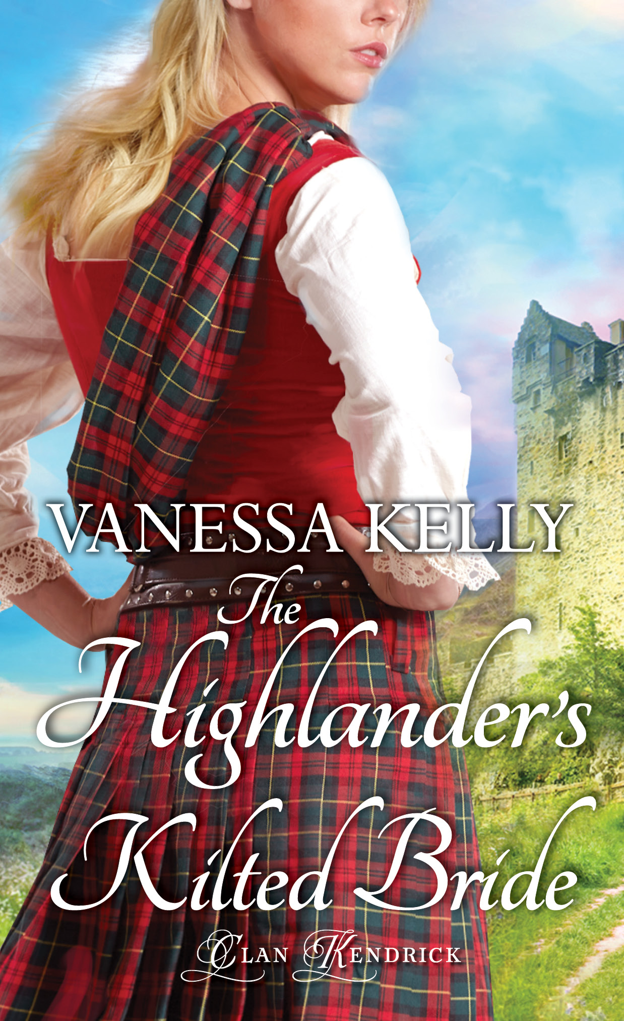 cover art for The Highlander's Kilted Bride featuring a blonde-haired woman in a kilt