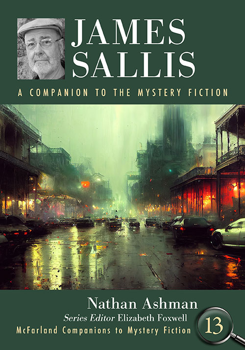 Cover of James Sallis: A Companion to the Mystery Fiction with headshot of Sallis in a cap and an illustration of a city scene