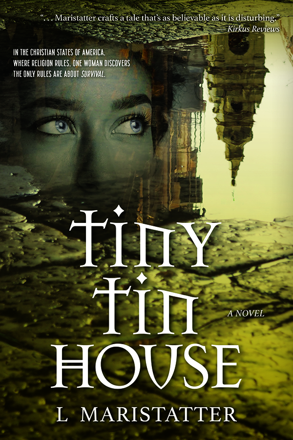 Book cover for novel, headline Tiny Tin House. Image shows church reflected in street puddle. Woman's face, distorted, peers out from reflection.