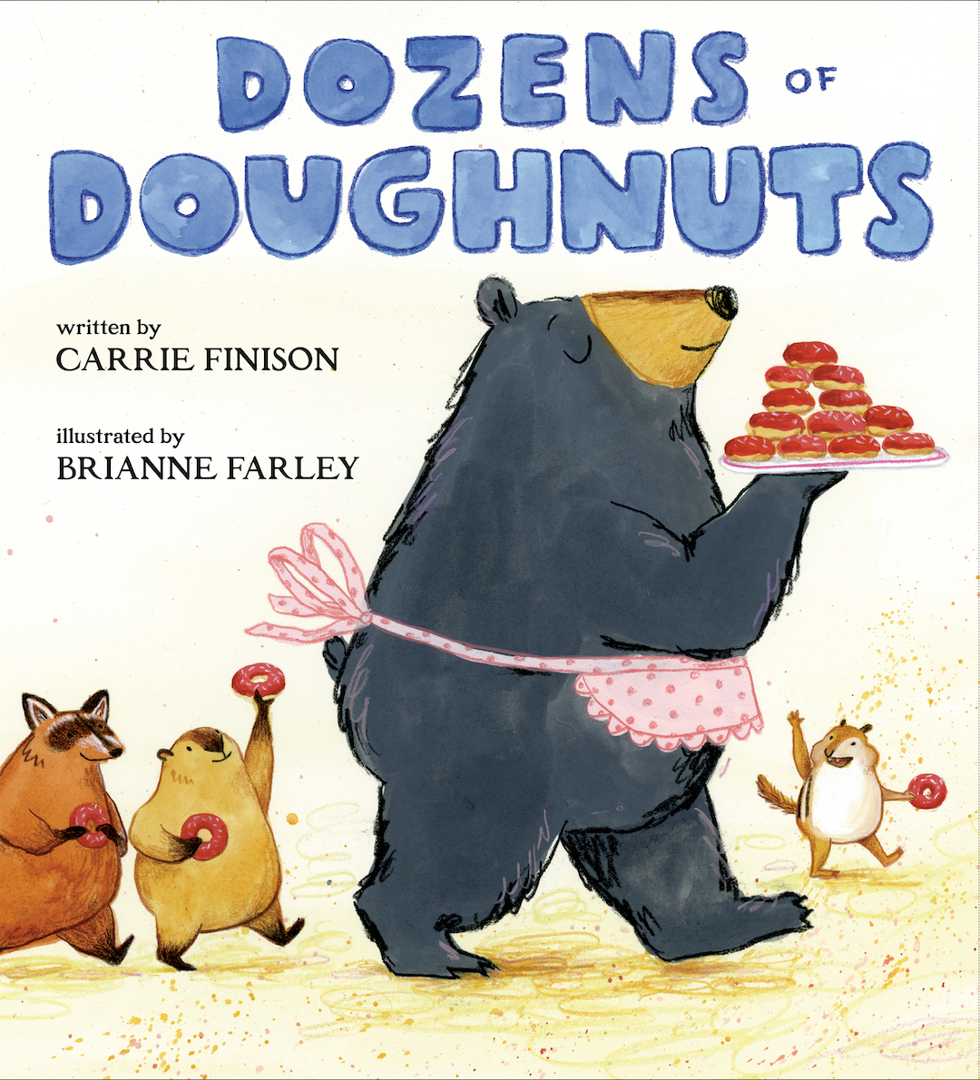 Cover of the picture book Dozens of Doughnuts with a large bear carrying a platter of doughnuts and smaller woodland animals following her, also eating doughnuts