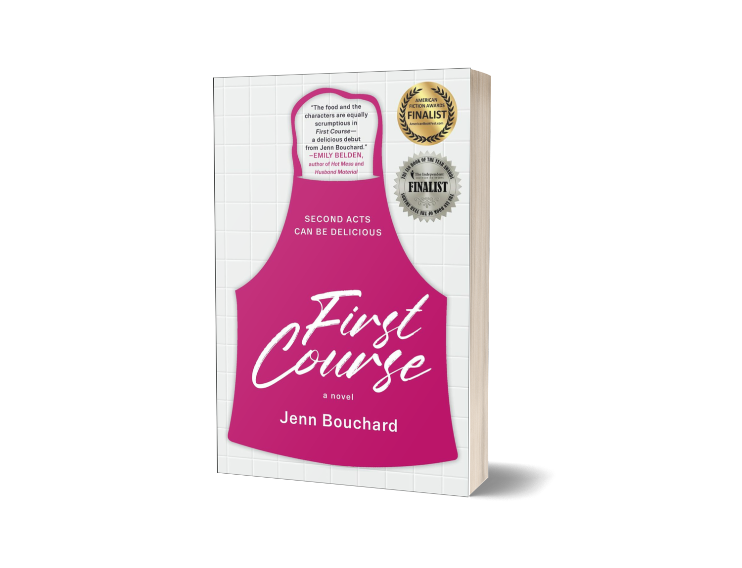 book cover of First Course with bright pink apron