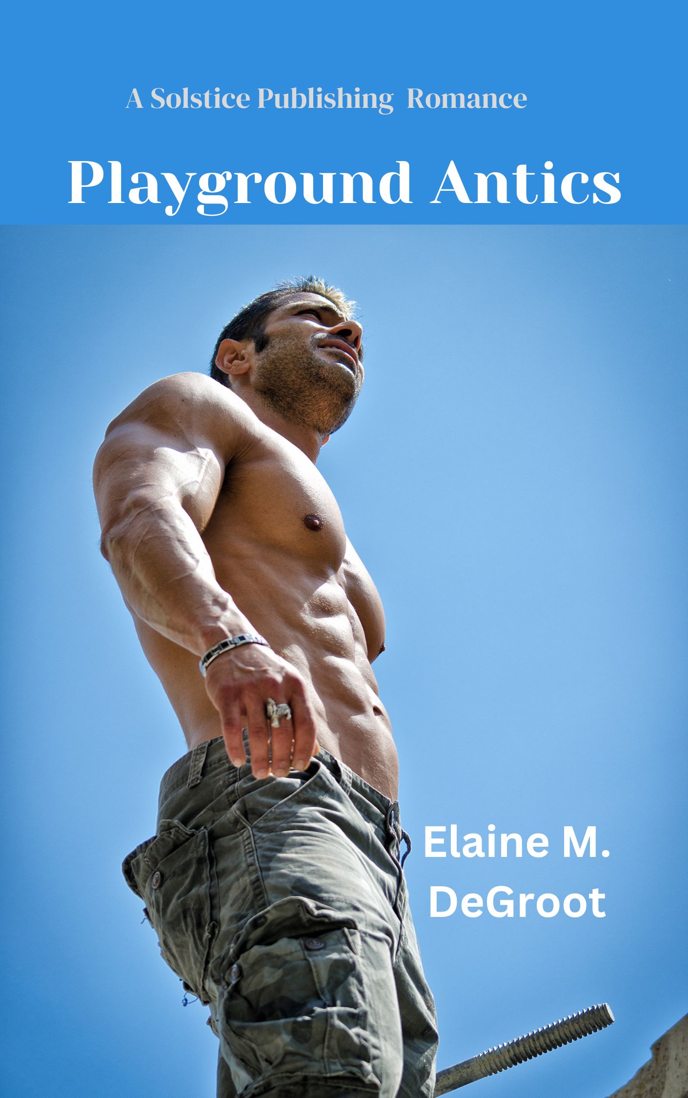 A shirtless construction worker against a blue sky background