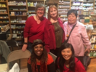 Lyzette at LitCrawl with (L-R, back row) Kathleen McClung, Eileen Malone, Shizue Siegel, and (front row) Li Miao Lovett 